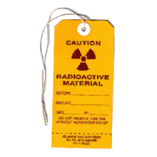  yellow and red cardboard tag with a string for attaching to sources of radioactivity 